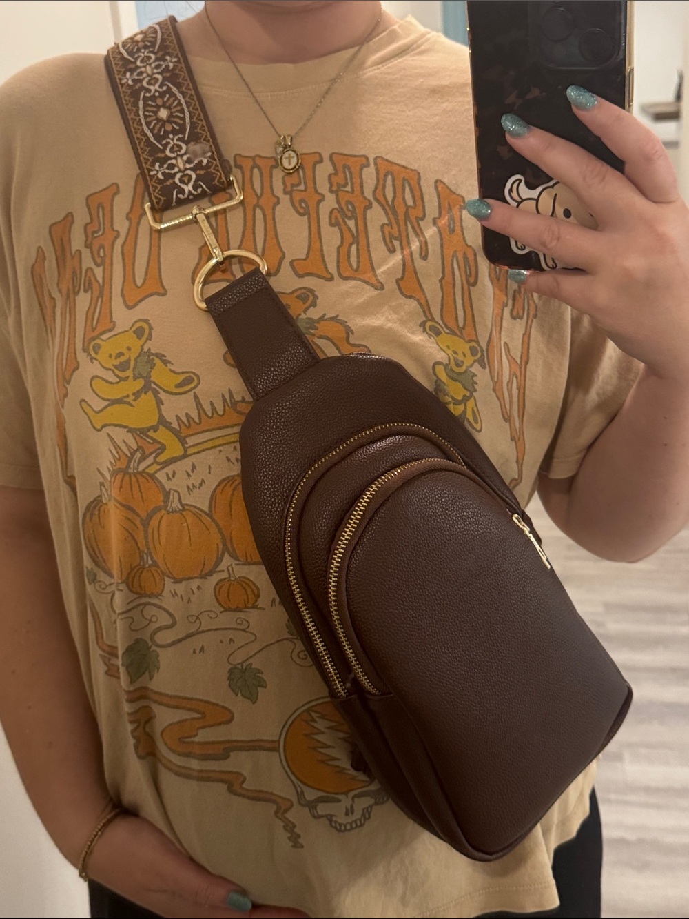 Brown Leather Crossbody Sling Bag with Embroidered Strap